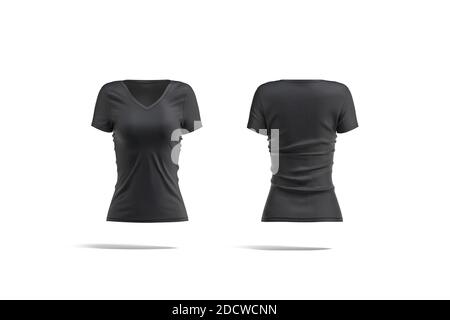 Blank schwarz Frauen Slimfit T-Shirt Mockup, Vorder-und Rückansicht Stockfoto