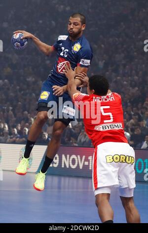 Frankreichs Nicolas Claire spielt am 7. Januar 2018 im Handballspiel der Goldenen Liga Frankreich gegen Dänemark in der Accorhotels Arena, Paris, Frankreich. Foto von Henri Szwarc/ABACAPRESS.COM Stockfoto