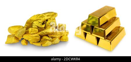 Stapel 6 Goldbarren 1 kg und eine Gruppe von Die kostbaren Goldbarben Nugget auf weißem Hintergrund Stockfoto