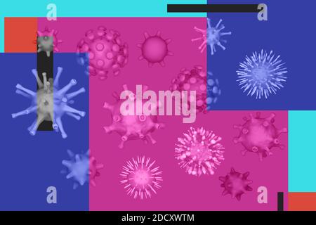 Verschiedene Arten von Viren, Coronavirus, COVID-19, Herpes, Geschwindigkeit hiv auf farbigem Hintergrund. Erregerviren. 3d-Illustration Stockfoto