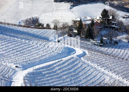 Verschneite Straße führt zu den Häusern auf den Hügeln zwischen Weinbergen bedeckt mit Schnee in Piemont, Norditalien. Stockfoto