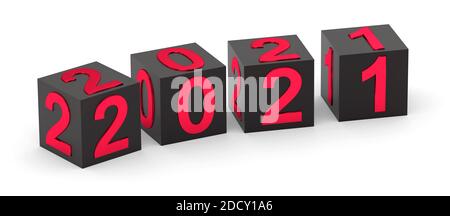 Konzept für das neue Jahr. Schwarze Würfel mit roter Zahl 2021. 3d-Rendering Stockfoto