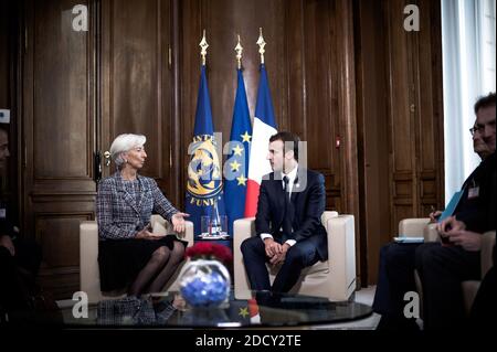 Entretien avec Christine Lagarde (Directrice generale du FMI). Le President de la Republique, Emmanuel MACRON s est rendu le 26 avril 2018 a l Organisation de cooperation et de developement economiques (OCDE - OECD) pour y prononcer le disputs conclusif de la Conference de lutte contre le financement de Daech et d Al-Qaida. Cette Conference, a l Initiative de la France a mobilize 70 Pays et 20 organisations internationales. Belagerung de l'OCDE, Paris, Frankreich. Der Präsident der Republik, Emmanuel MACRON, besuchte am April die Organisation für wirtschaftliche Zusammenarbeit und Entwicklung (OECD - OECD) Stockfoto