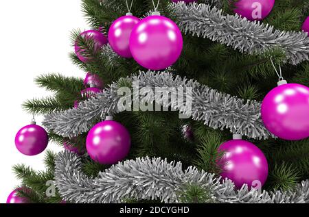 Weihnachtszeit Weihnachtsbaum Rosa Ornamente Nahaufnahme 3D gerendert Illustration isoliert auf massivem weißen Hintergrund. Stockfoto