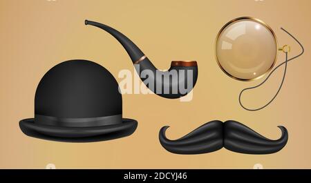 Gentleman Set. Bowler Hut, Rauchpfeife, Gold Monocle, Schnurrbart. Realistische 3D-Darstellung. Stockfoto