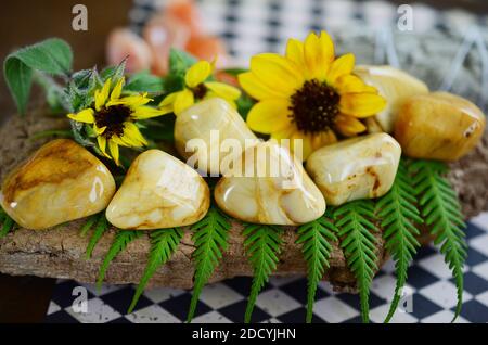 Großer Gelber Jaspis In Tumbled! Cremige, gelbe Strudel. Schöner, verworrter gelber Jaspis, ideal für Entgiftung und Kraft. Hexen heilenden Kristall. Vintage Stockfoto