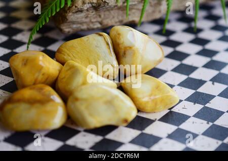 Großer Gelber Jaspis In Tumbled! Cremige, gelbe Strudel. Schöner, verworrter gelber Jaspis, ideal für Entgiftung und Kraft. Hexen heilenden Kristall. Vintage Stockfoto