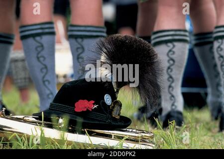 DEUTSCHLAND /Bayern/ München /beim Oktoberfest in Bayern hat die Brass Band eine Pause gemacht und ihre Instrumente und einen Hut auf dem Rasen gelassen. Stockfoto