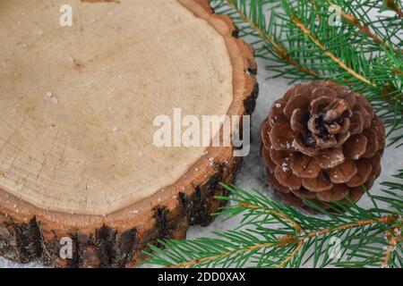 Nahaufnahme eines Holzabschnitts mit einer Kopie des Raum neben Fichtenzweigen im Schnee Stockfoto