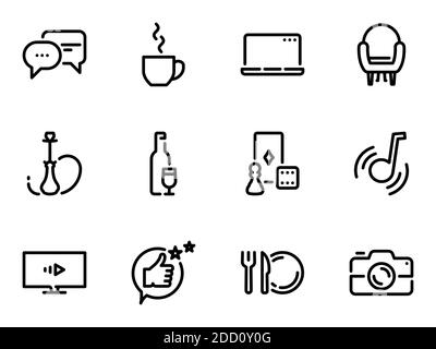 Satz schwarzer Vektorsymbole, isoliert vor weißem Hintergrund. Illustration zu einem Thema Unterhaltung Aktivitäten, Shisha, Tee, Versammlungen Stock Vektor