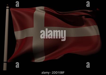 Die Flagge Dänemarks winkt auf einer Stange mit pechschwarzem Hintergrund und spärlicher Beleuchtung. 3D-Rendering. Stockfoto