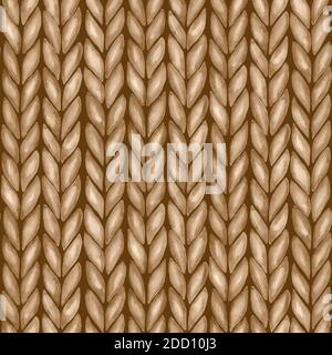 Beige realistisch gestricktes Nahtmuster. Aquarell Hand malen stricken Textur Hintergrund mit Gesichts-Loops. Handstrick. Aquarell Winter gemütlich warm Stockfoto