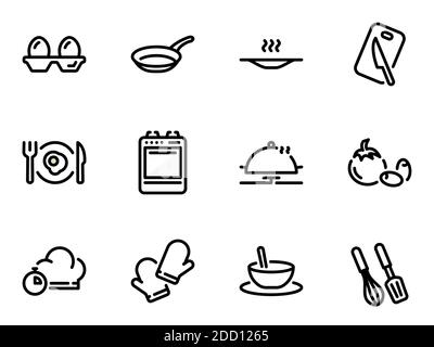 Satz schwarzer Vektorsymbole, isoliert vor weißem Hintergrund. Illustration zu einem Thema Zutaten und Verfahren für die Herstellung von Rühreiern oder Frühstück Stock Vektor