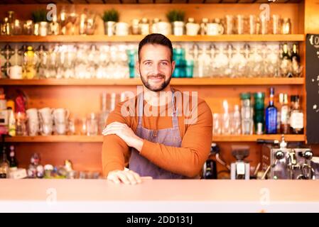 Porträtaufnahme eines gutaussehenden Kellners mit Schürze und Lächeln, während er hinter der Theke im Restaurant stand und auf die Gäste wartete. Kleinunternehmen. Stockfoto