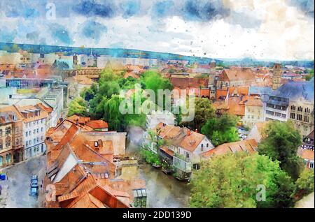 Aquarellmalerei von Erfurt mit Stadtbild in Luftaufnahme. Von oben. Hauptstadt Thüringens. Stockfoto