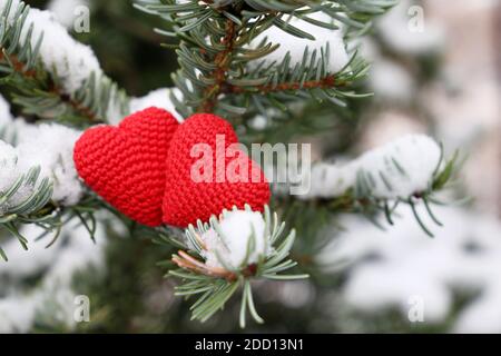 Zwei Liebesherzen im Schnee auf Tannenzweigen. Hintergrund für romantische Karte, Weihnachten und Silvester Feier, Valentinstag oder Winterwetter Stockfoto