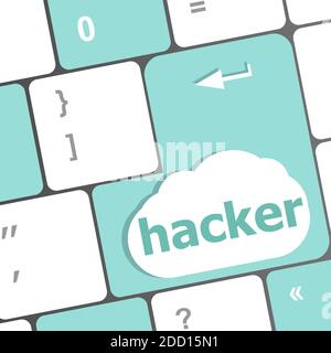 Hacker-Wort über Tastatur, Angriff, Internet-Terrorismus-Konzept Stockfoto