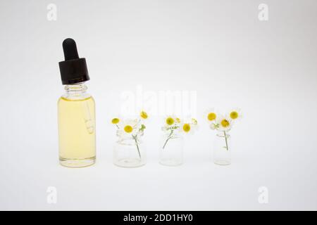 Kosmetik und Hautpflege Konzept. Ätherisches Kamillenöl in einer Glasflasche mit Pipette Stockfoto