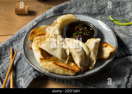 Hausgemachte Gyzo asiatische Schweinefleisch Potstickers mit Sojasoße Stockfoto