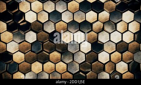 Zerkratzt braun und grau Metall Sechsecke Wabe futuristischen Hintergrund, 3d-Rendering Illustration Stockfoto