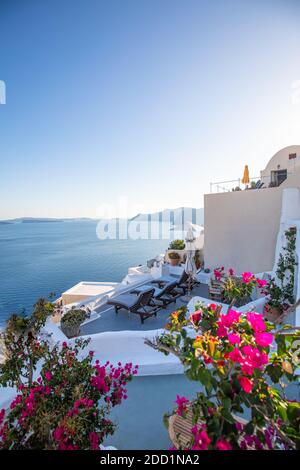 Oia Stadt auf Santorini Insel, Griechenland. Traditionelle berühmte weiße blaue Häuser mit Blumen bei sonnigem Wetter Caldera, Ägäis. Wunderschöne Aussicht auf den Sommer Stockfoto