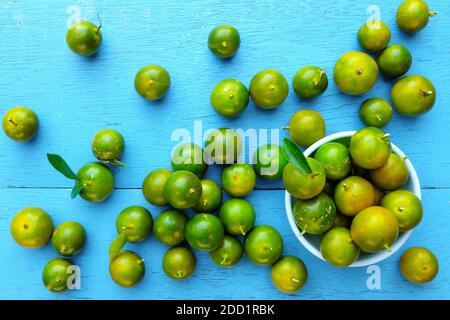 Gelbgrüne Calamansi, Calamondin oder philippinische Limette tropisches Fruchtmuster in hellblauem Holzhintergrund. Asiatische Sommer Zitrusfrüchte flach legen. Stockfoto