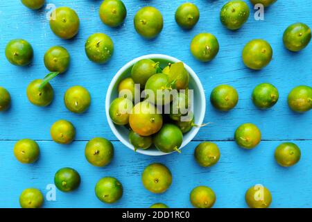 Gelbgrüne Calamansi, Calamondin oder philippinische Limette tropisches Fruchtmuster in hellblauem Holzhintergrund. Asiatische Sommer Zitrusfrüchte flach legen. Stockfoto
