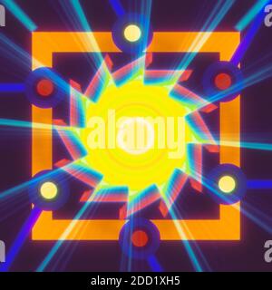 Abstrakt hell modern bunten Hintergrund. Glühende Strahlen strahlen aus der Mitte. 3D-gerendertes Designelement Stockfoto