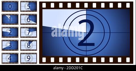 Retro-Film Countdown blau auf weißem Hintergrund. Isolierte Vektorobjekte. EPS 10 Stock Vektor