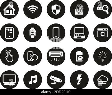 Smart Home Oder Smart House Icons Weiß Auf Schwarz Flat Design Kreis Set Groß Stock Vektor