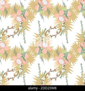 Florales Boho-Nahtloses Muster mit tropischen Blumen und Blättern. Stock Vektor
