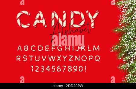 Weihnachts-Candy-Schrift mit roten und goldenen Streifen. Realistisches Alphabet mit Buchstaben und Zahlen Stock Vektor