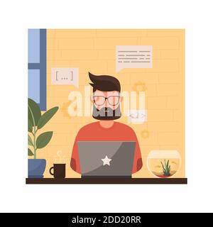 Mann, der von zu Hause aus arbeitet. Vektorgrafik. Stock Vektor
