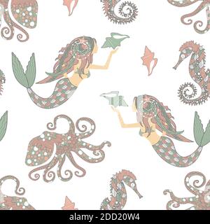 Nahtloses Muster im Zen Art Stil mit Seepferdchen, Meerjungfrauen und Oktopusse auf Weiß Stock Vektor