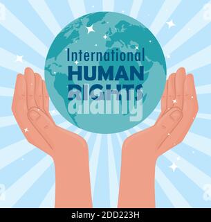 Internationales Menschenrechtsplakat mit Händen, die den Planeten heben Stock Vektor