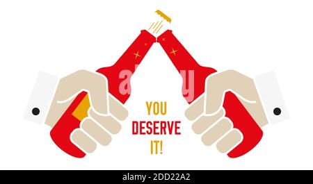 Ihr habt es verdient. Zwei männliche Hände klirken Bierflaschen. Vektordarstellung im flachen Stil. Stock Vektor