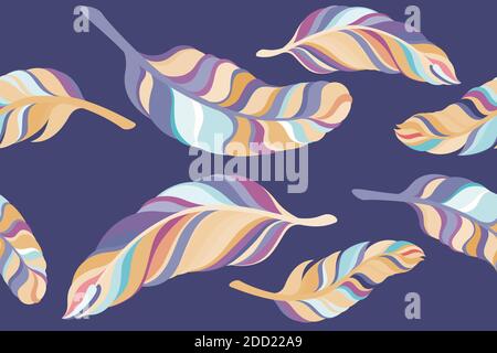 Nahtloses Muster aus bunten Federn auf violettem Hintergrund. Stock Vektor