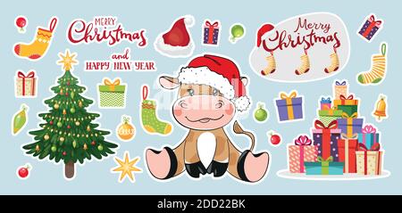 Sticker-Set für weihnachten und Neujahr 2021, Jahr des Bullen. Geschmückter Weihnachtsbaum, Geschenke, Stier. Lustige Cartoon-Design. Vektorgrafik für die Holida. Stock Vektor