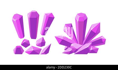 Kristalle und Edelsteine in verschiedenen Formen. Set aus rosa Stalagmiten, Kristallen und Stücke von Amethyst-Gestein. Vektorgrafik im Cartoon-Stil Stock Vektor