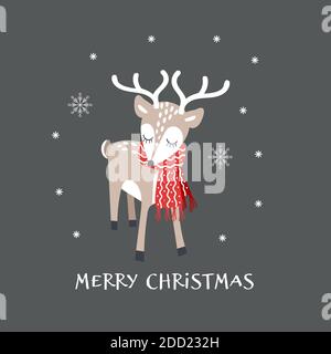 Weihnachtskarte mit niedlichen Rentieren mit Schal. Vektorgrafik. Stock Vektor
