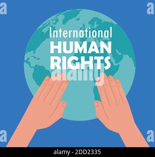 Internationales Menschenrechtsplakat mit Händen, die den Planeten Erde heben Stock Vektor