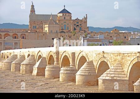 Römische Brücke über den schlammigen Guadalquivir-Fluss zur Großen Moschee und Kathedrale in Cordoba, Spanien. Stockfoto