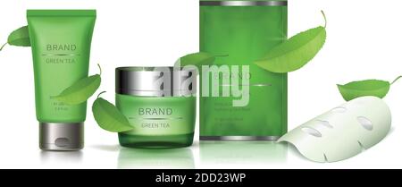 Vektorset für kosmetisch realistische Darstellung. Grünes Glas und Tube mit Creme, Beutel mit Gesichtsmaske und grünen Teeblättern, Bio-Kosmetik, natürliche Formel für Hautpflege. Mock up für Anzeigen, Zeitschriften oder Katalog Stock Vektor