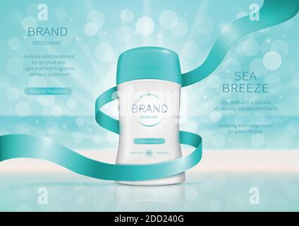 Vektor realistische Kosmetik Promo Poster für Dry Stick Deodorant mit frischem Duft. Antitranspirant in weißem Kunststoffrohr mit blauer Kappe und türkisfarbenem Seidenband. Modell für Magazin und Katalog Stock Vektor