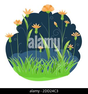 Blühende Wiese mit Gras, Blumen. Grüne Nachtlandschaft. Cartoon-Stil. Fabelhafte Vektordarstellung. Hintergrundbild auf Weiß isoliert. Wunderschön Stock Vektor