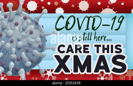 Halbmaske wie ein Zeichen, COVID-19 Darstellung, Schneefall und Coronavirus Silhouetten, Förderung des Bewusstseins und Sicherheitsmaßnahmen gegen diese Krankheit Dur Stock Vektor