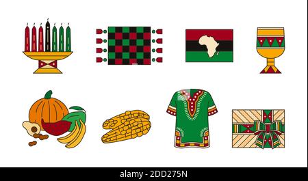 Kwanzaa - Set von soliden Symbolen in hellen Farben. Traditionelle Symbole der afroamerikanischen Einheit. Kinara, Mkeka Matte, Dashiki Hemd, Kente Stil geschenkbox Stock Vektor