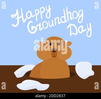 Groundhog Tag Vektor Cartoon Hintergrund mit niedlichen Murmeltier und Buchstaben auf blauem Himmel. Traditioneller Feiertagscharakter Stock Vektor