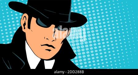 Detective ermittelt. Gekleidet in einen Retro-Regenmantel und Hut. Schwarze Brille tragen. Für Text platzieren. Vektorgrafik im Pop-Art-Stil. Stock Vektor