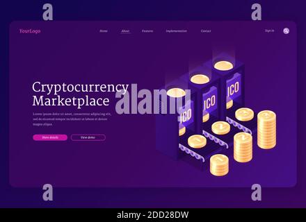 Banner für den Kryptowährungsmarkt. Konzept des Online-Kryptowährungswechsels oder der Transaktion mit Blockchain und digitalem Geld. Vektor Landing Page mit isometrischen Stapel von Münzen im Web-Markt Stock Vektor
